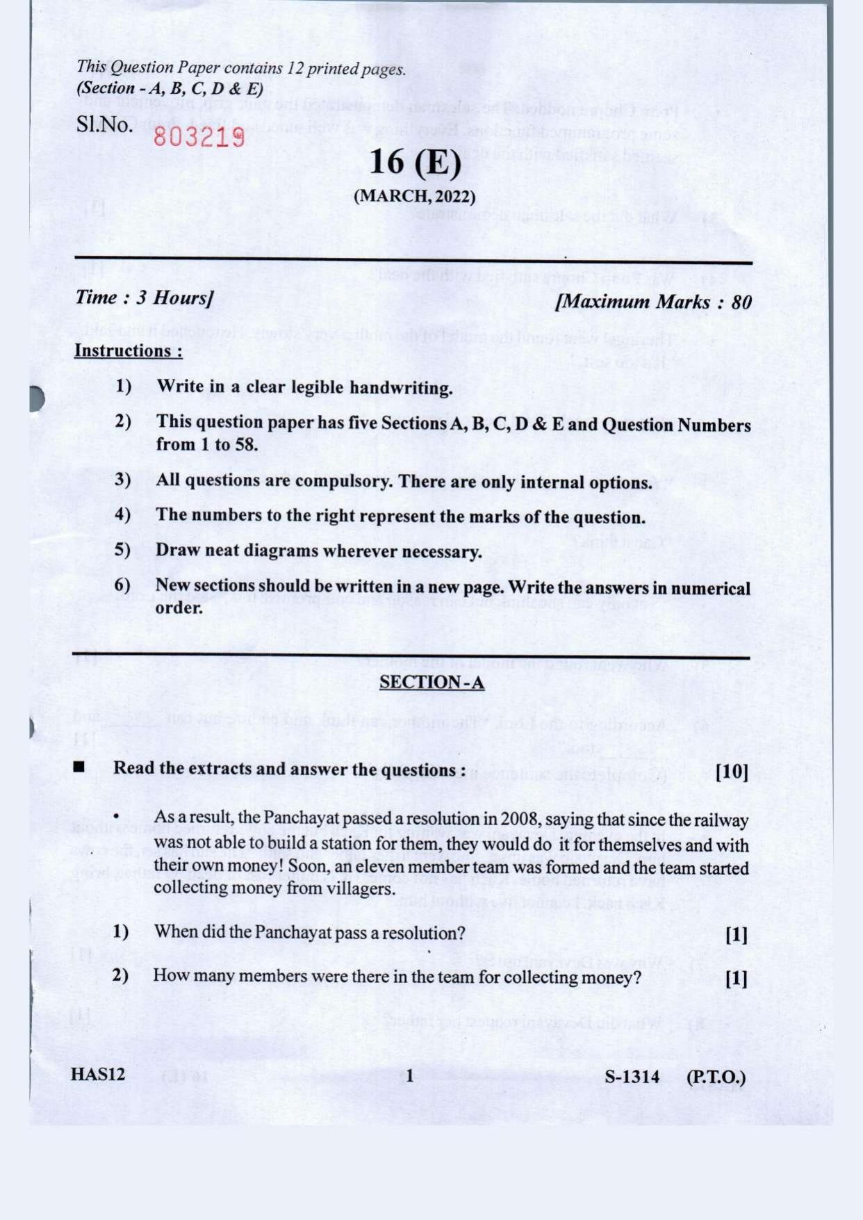 Gujarat Board Class 10th English S.L March-April 2022 Question Paper - Page 1