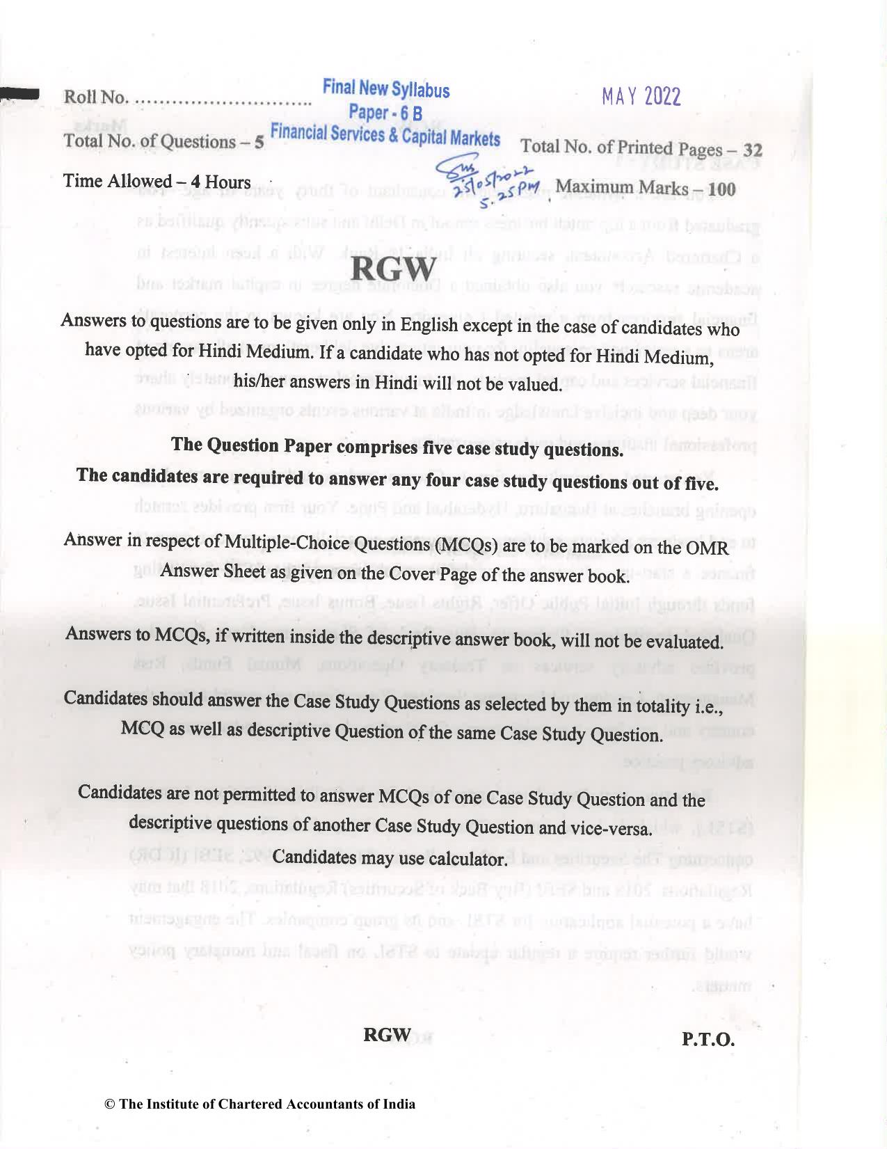 CA Final May 2022 Question Paper - Paper 6B – Financial Services and Capital Markets - Page 1