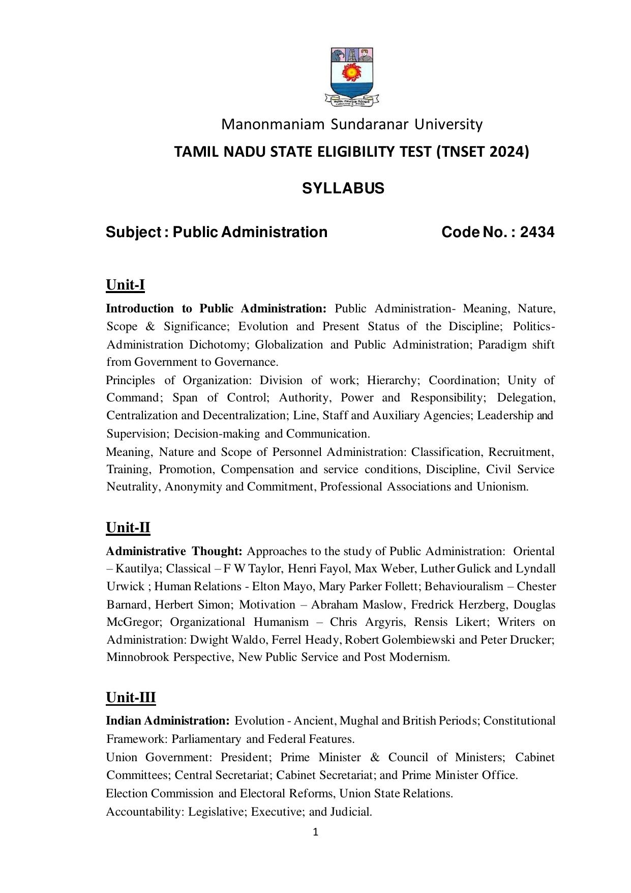 TNSET Syllabus - Public Administration - Page 1