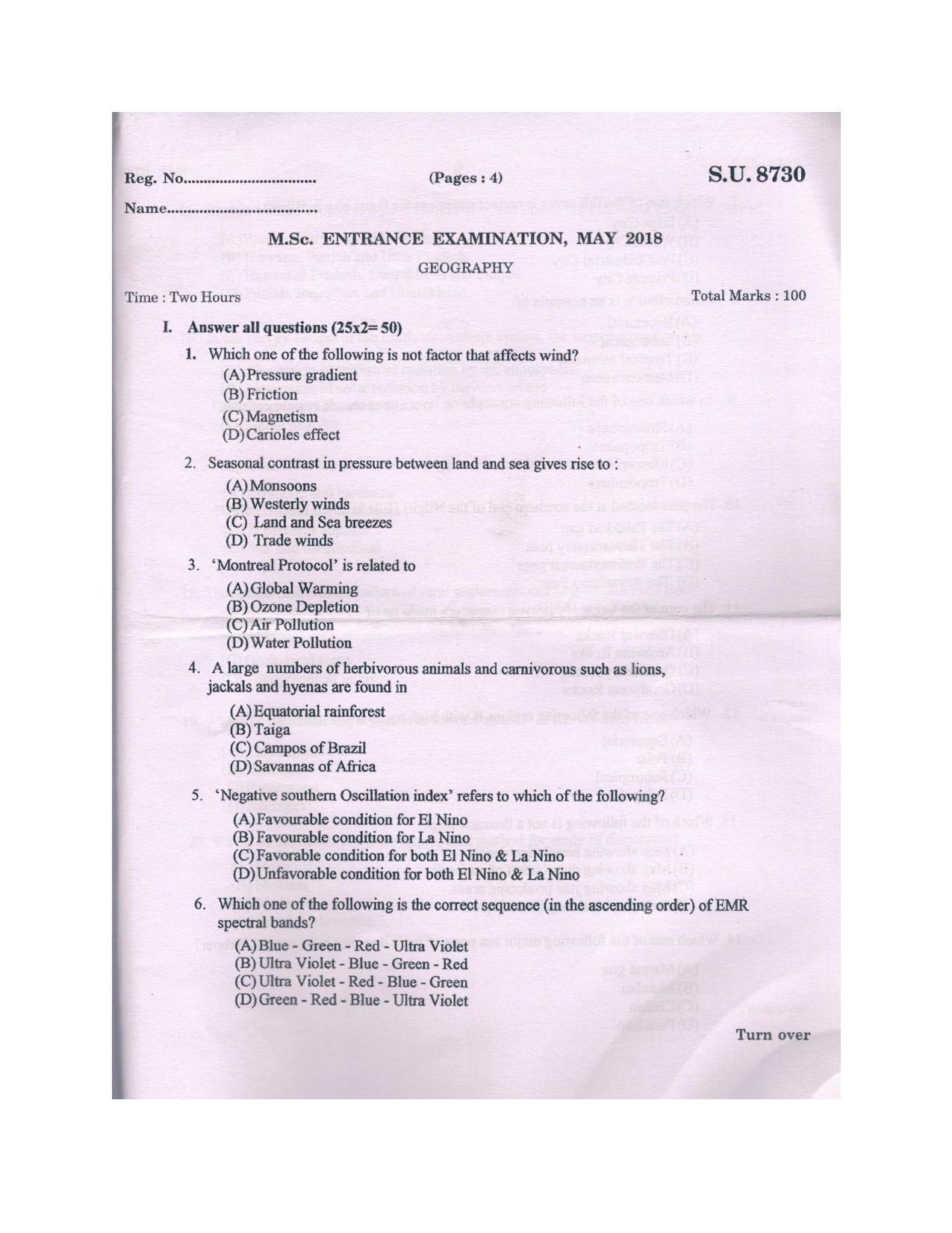 SSUS Entrance Exam GEOGRAPHY 2018 Question Paper IndCareer Docs