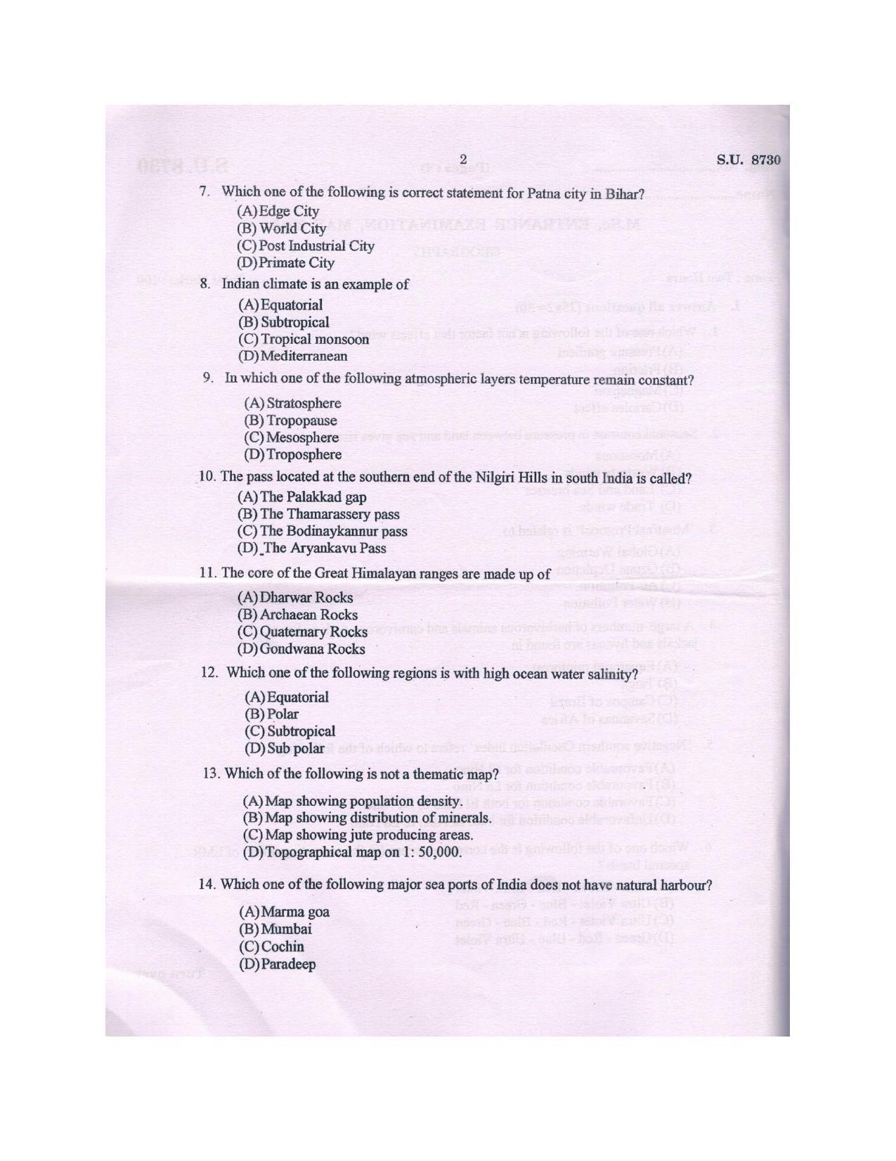 SSUS Entrance Exam GEOGRAPHY 2018 Question Paper IndCareer Docs