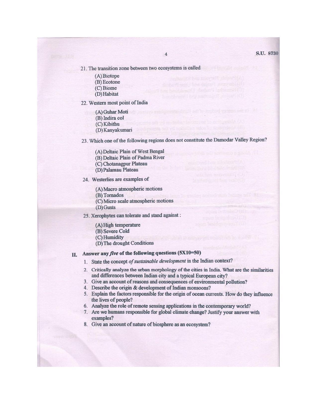 SSUS Entrance Exam GEOGRAPHY 2018 Question Paper IndCareer Docs