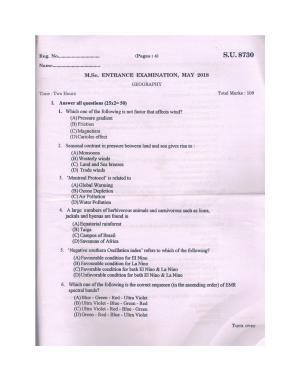 SSUS Entrance Exam GEOGRAPHY 2018 Question Paper