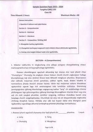 CBSE Class 12 Tangkhul Sample Paper 2024