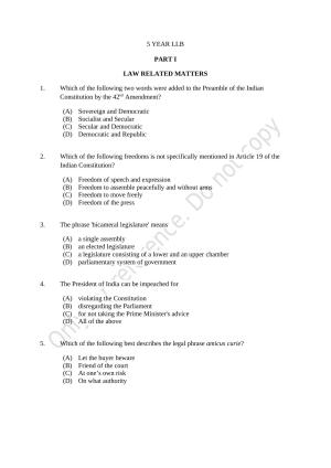 CUSAT CAT 2021 BBA LLB (HONS) BCOM LLB (HONS) Question Paper