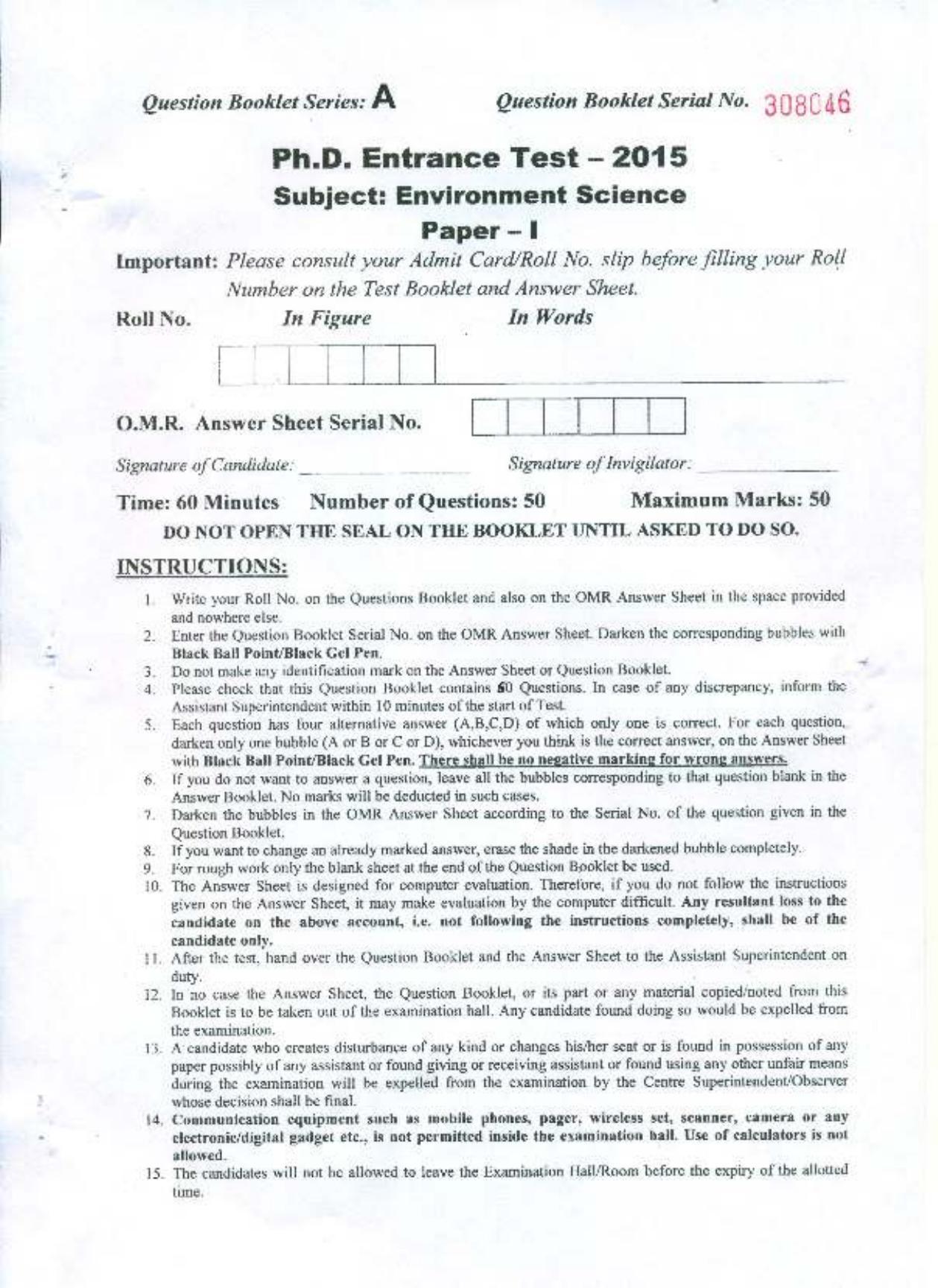 PU MPET Environment Science 2015 Question Paper - Page 1