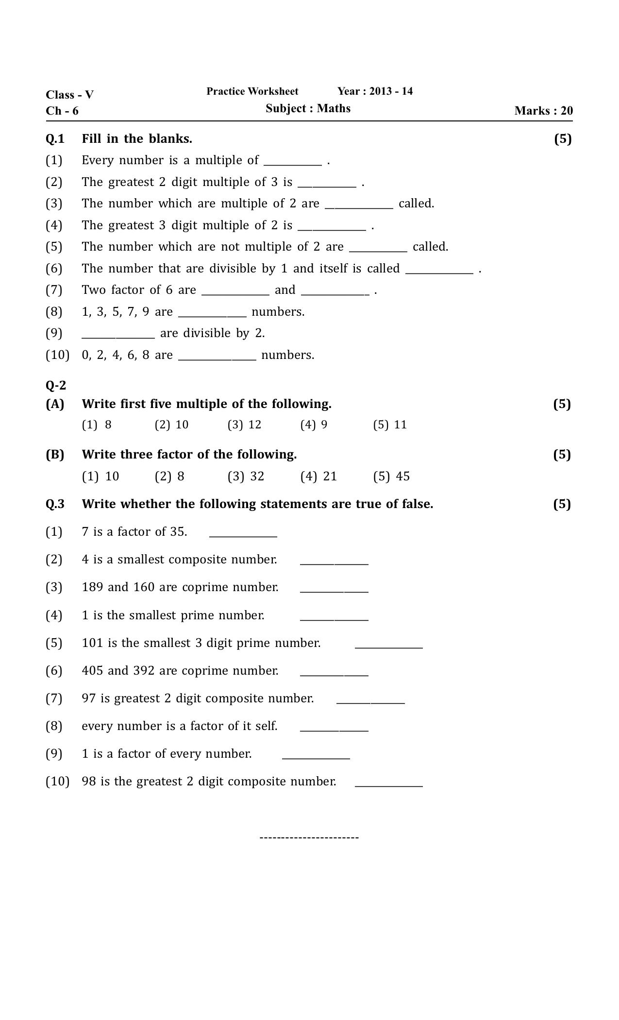 Worksheet for Class 5 Maths Assignment 28 - Page 1