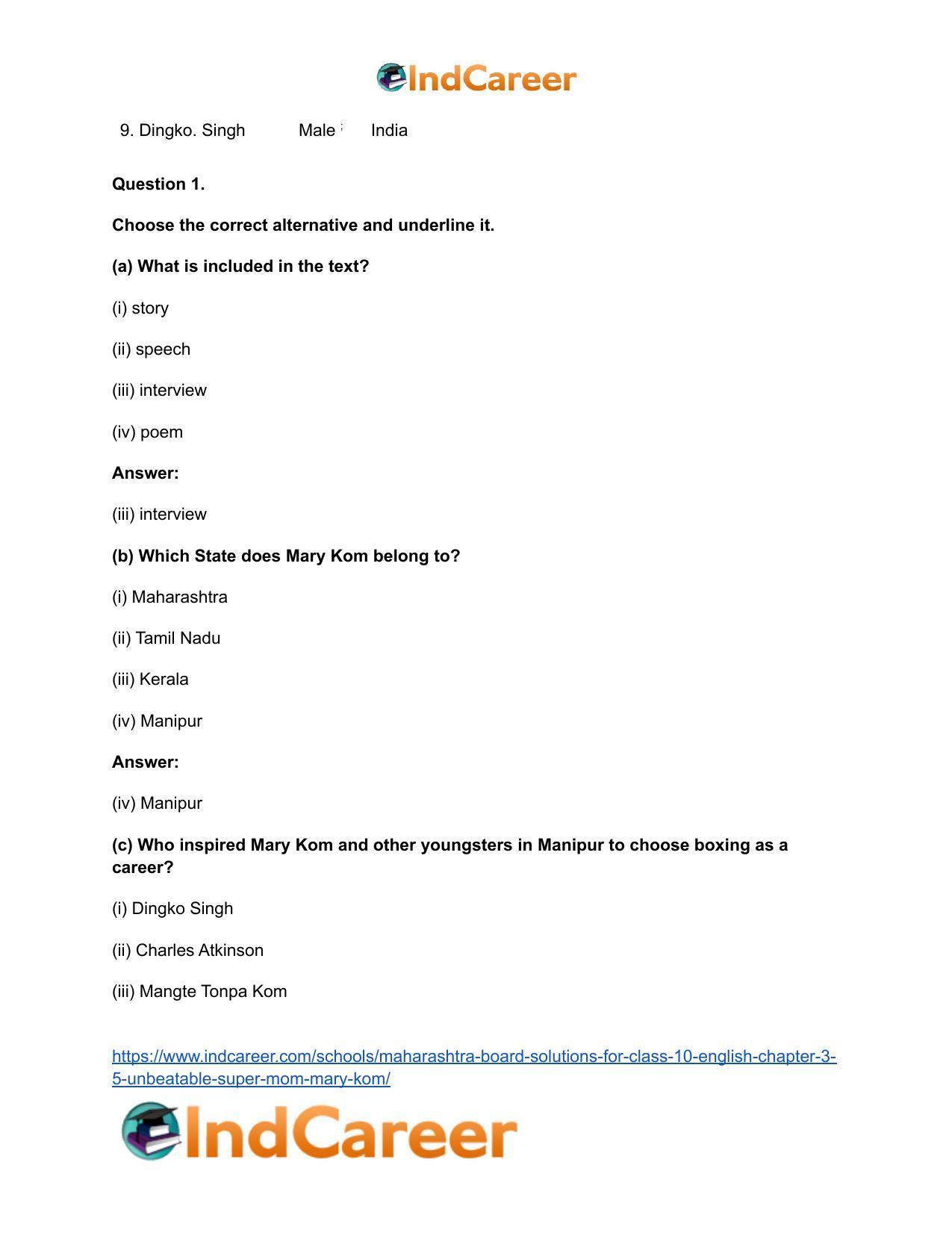 Maharashtra Board Solutions for Class 10- English: Chapter 3.5- Unbeatable Super Mom-Mary Kom - Page 5