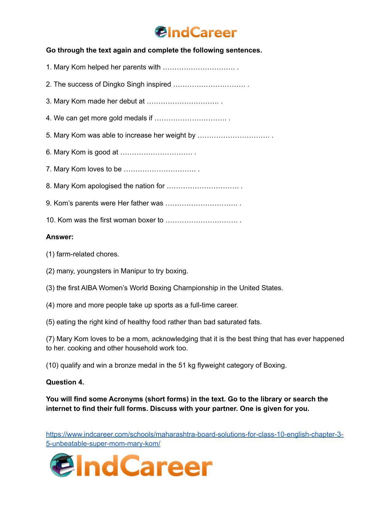 Maharashtra Board Solutions for Class 10- English: Chapter 3.5- Unbeatable Super Mom-Mary Kom - Page 7