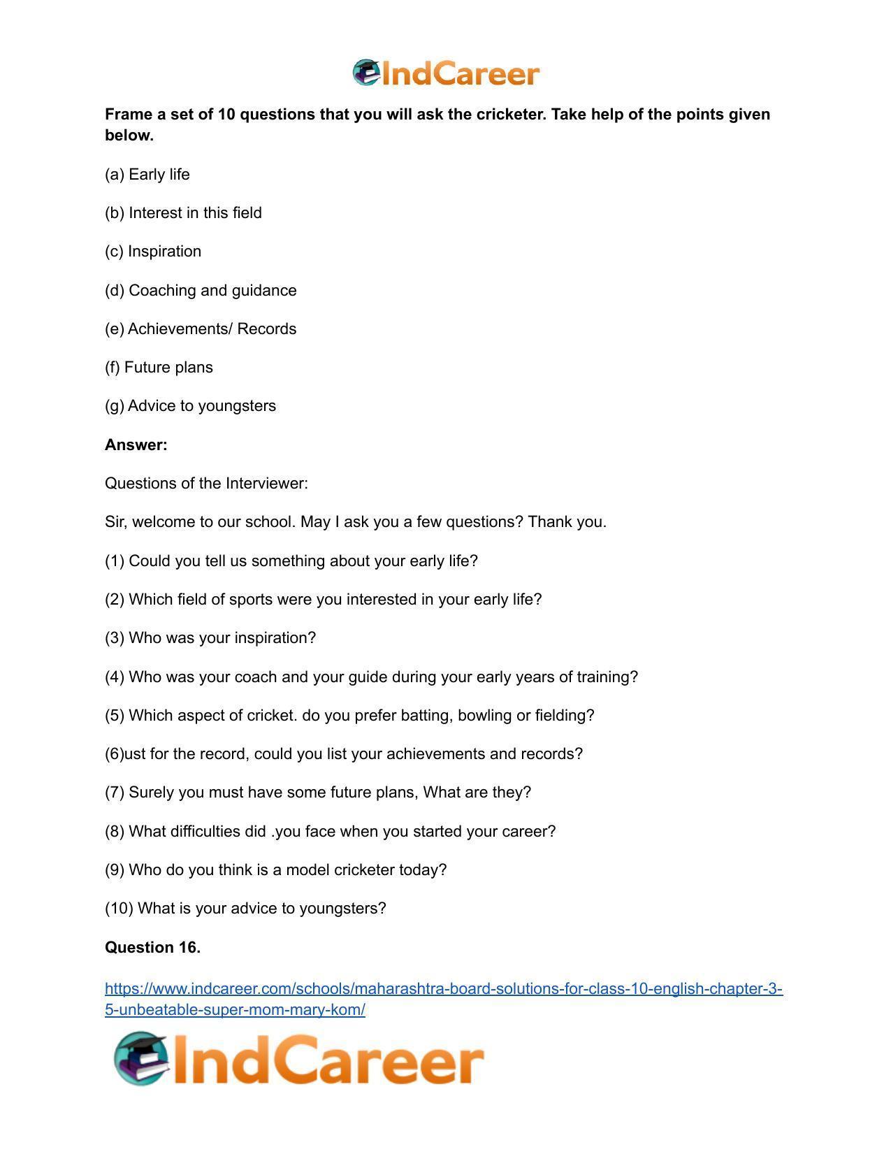 Maharashtra Board Solutions for Class 10- English: Chapter 3.5- Unbeatable Super Mom-Mary Kom - Page 17