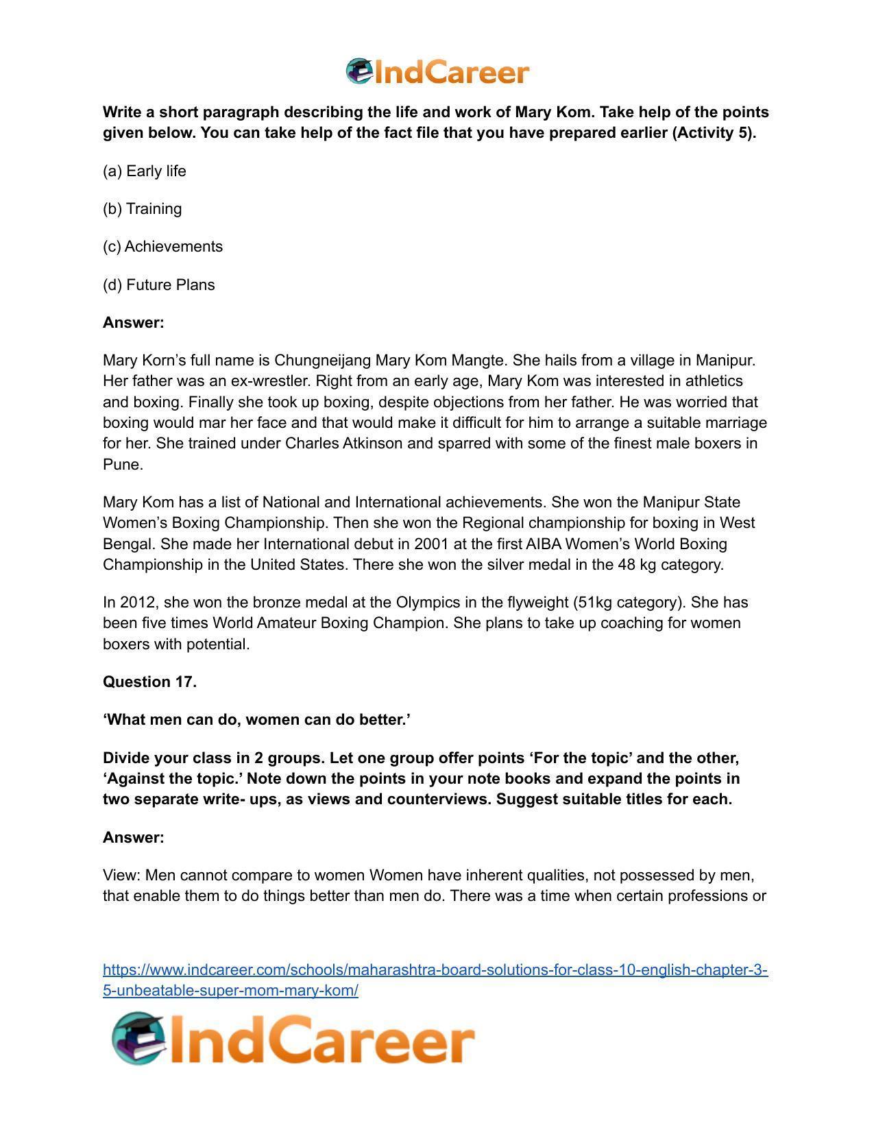 Maharashtra Board Solutions for Class 10- English: Chapter 3.5- Unbeatable Super Mom-Mary Kom - Page 18