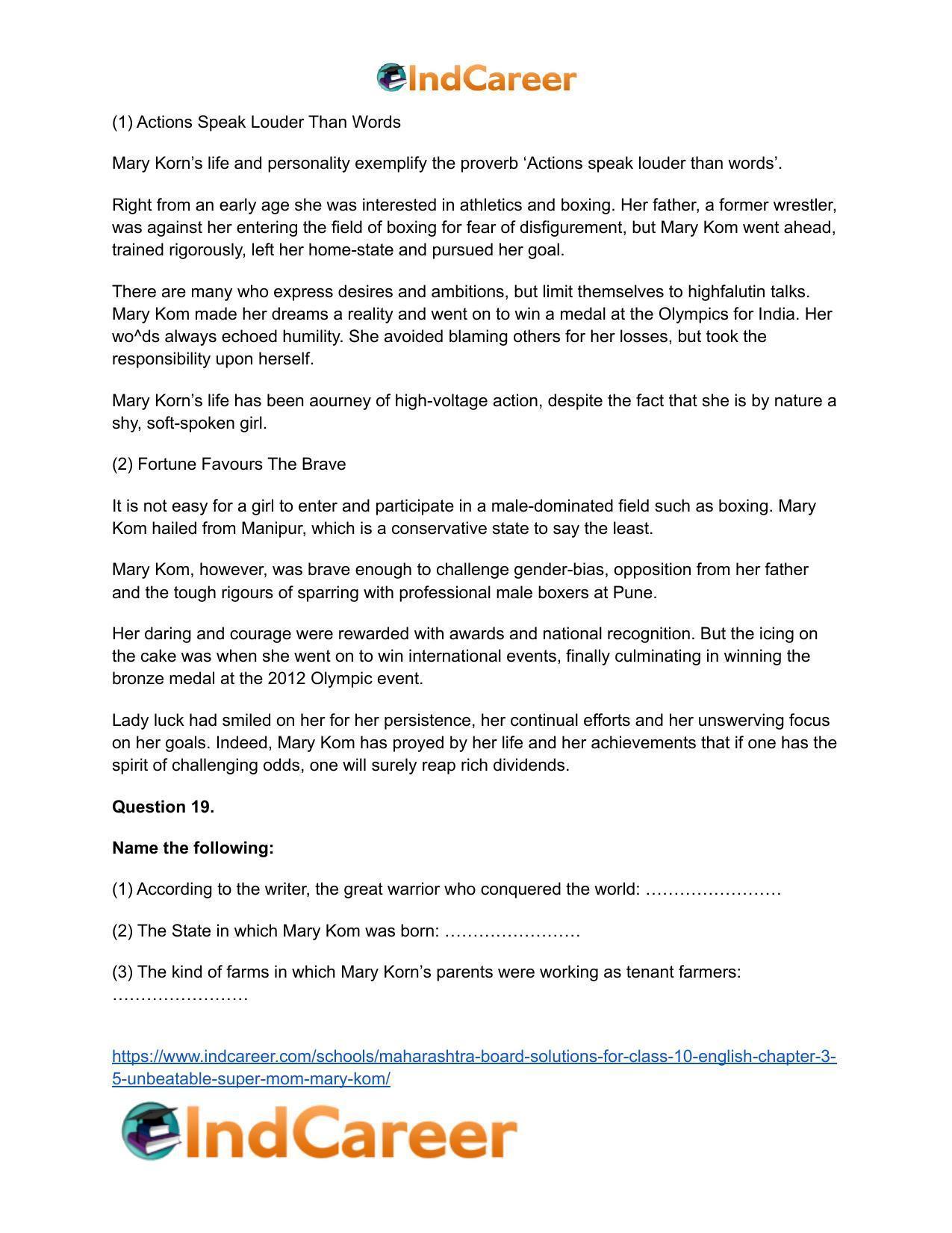 Maharashtra Board Solutions for Class 10- English: Chapter 3.5- Unbeatable Super Mom-Mary Kom - Page 20