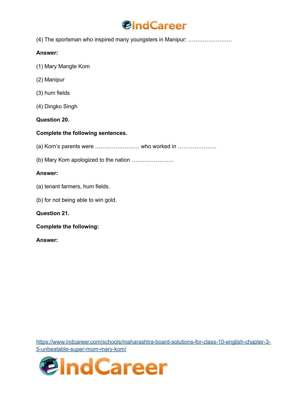 Maharashtra Board Solutions for Class 10- English: Chapter 3.5- Unbeatable Super Mom-Mary Kom - Page 21