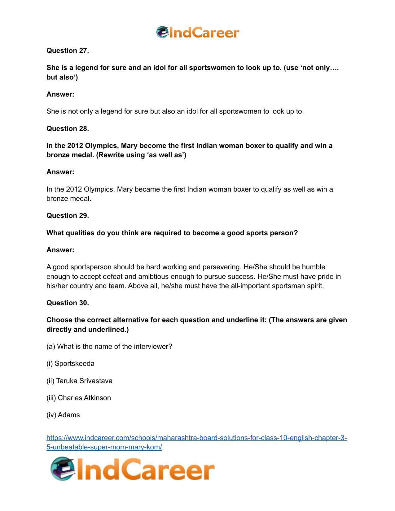 Maharashtra Board Solutions for Class 10- English: Chapter 3.5- Unbeatable Super Mom-Mary Kom - Page 24