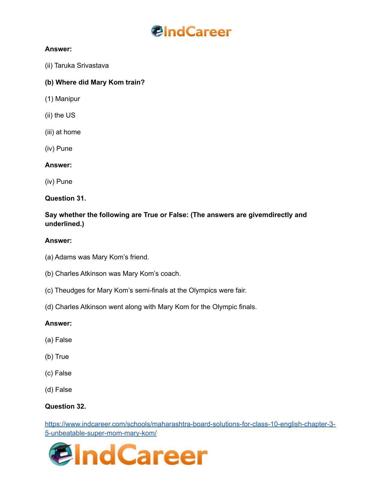 Maharashtra Board Solutions for Class 10- English: Chapter 3.5- Unbeatable Super Mom-Mary Kom - Page 25