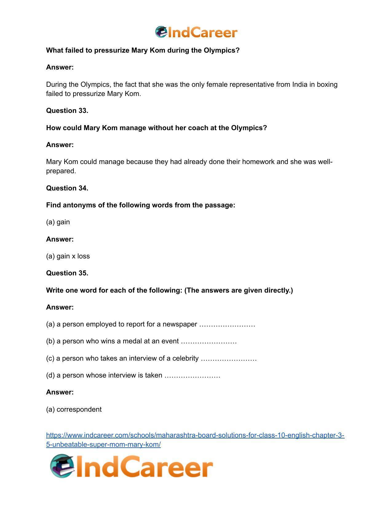 Maharashtra Board Solutions for Class 10- English: Chapter 3.5- Unbeatable Super Mom-Mary Kom - Page 26