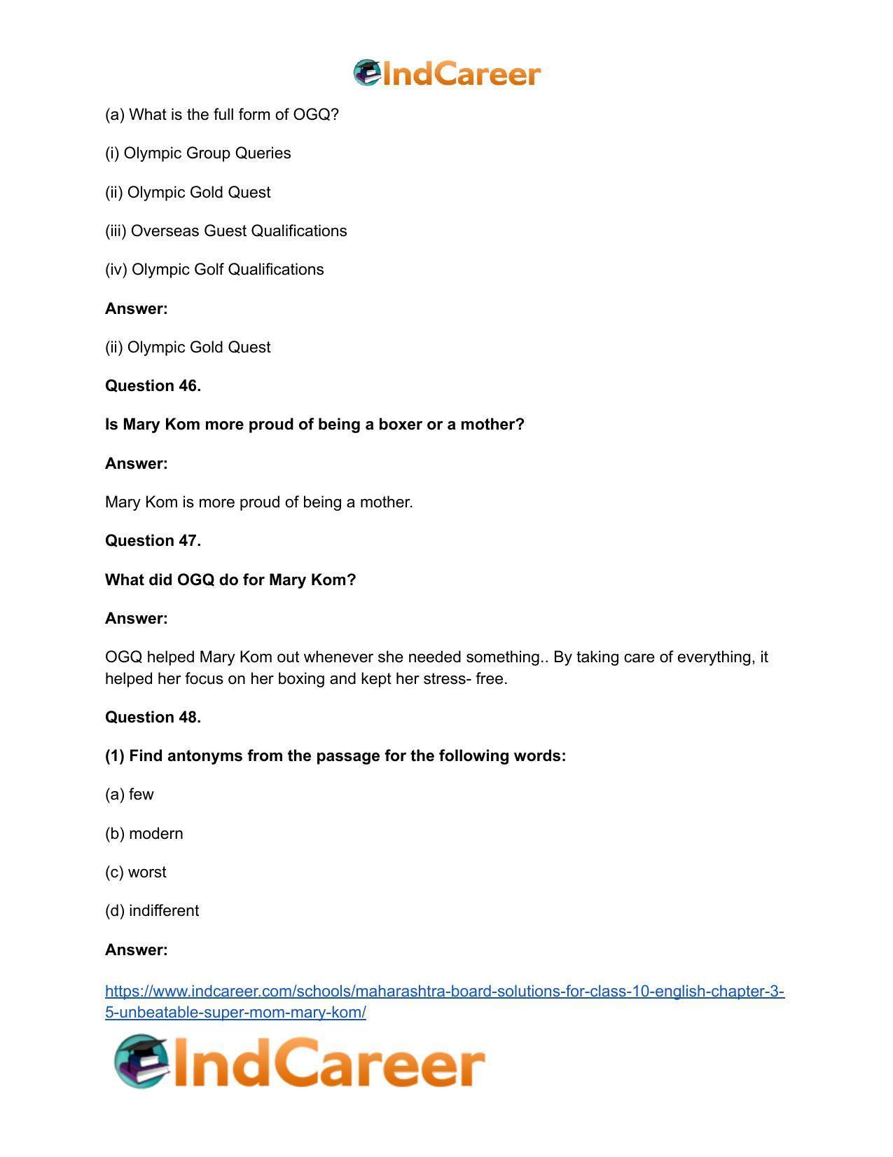 Maharashtra Board Solutions for Class 10- English: Chapter 3.5- Unbeatable Super Mom-Mary Kom - Page 30