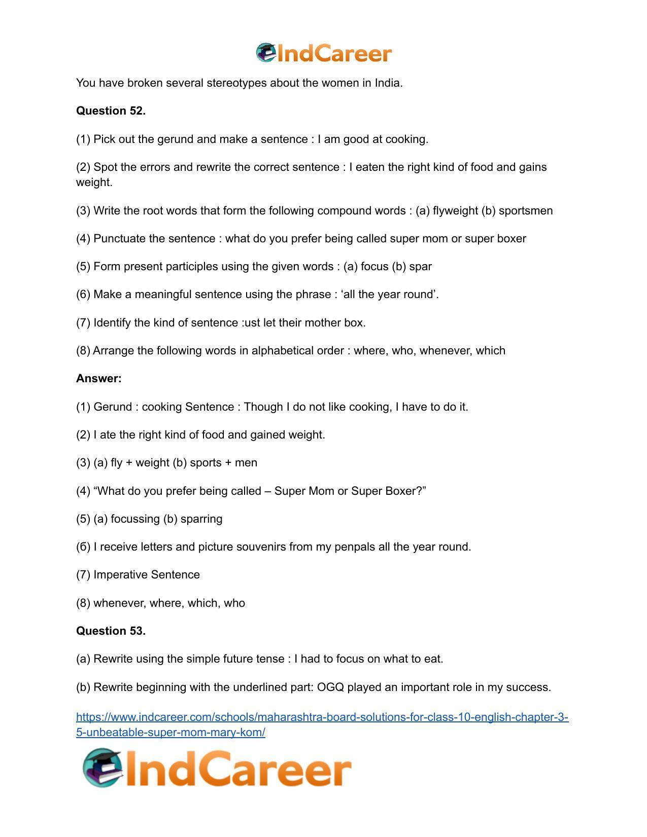 Maharashtra Board Solutions for Class 10- English: Chapter 3.5- Unbeatable Super Mom-Mary Kom - Page 32