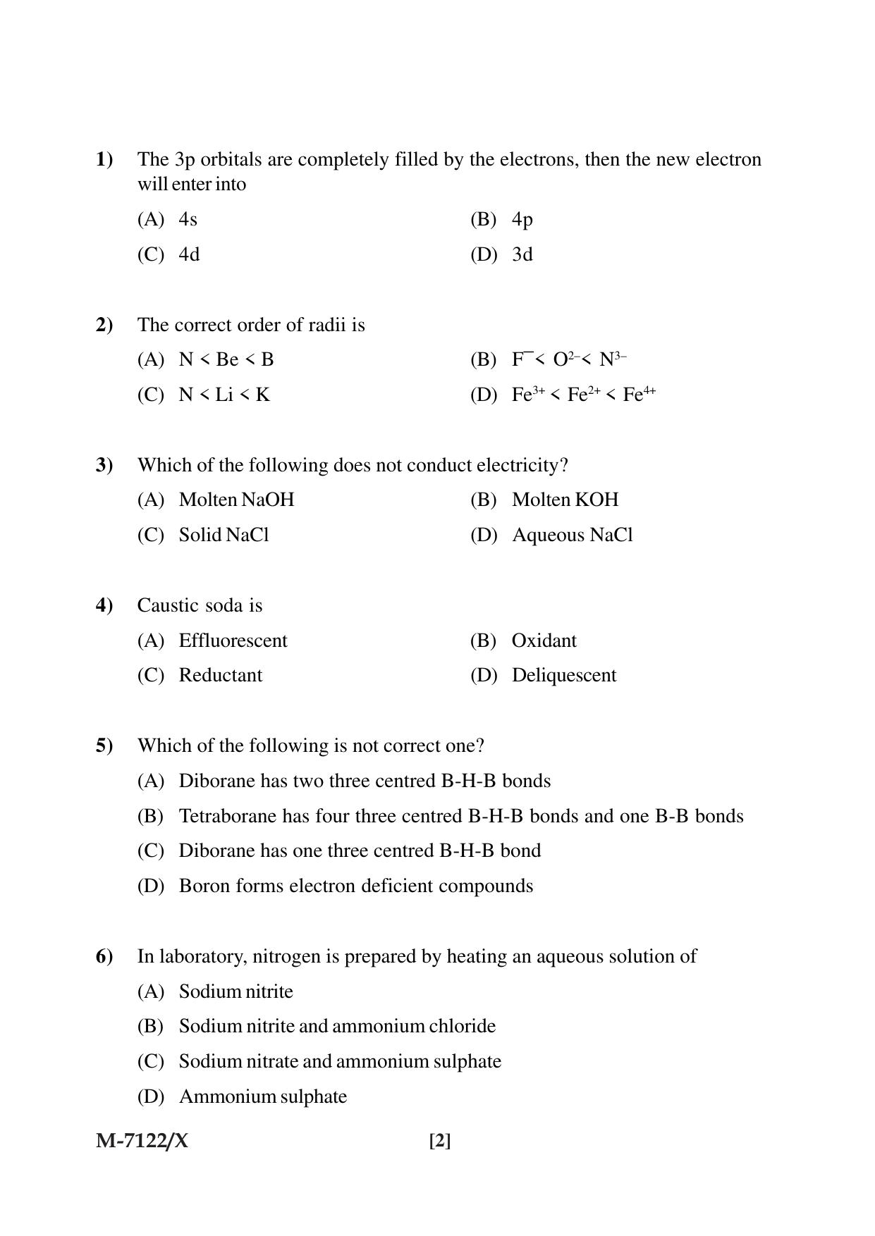 Mysore University PG Entrance Exam 2019: Chemisty Question Paper - Page 2