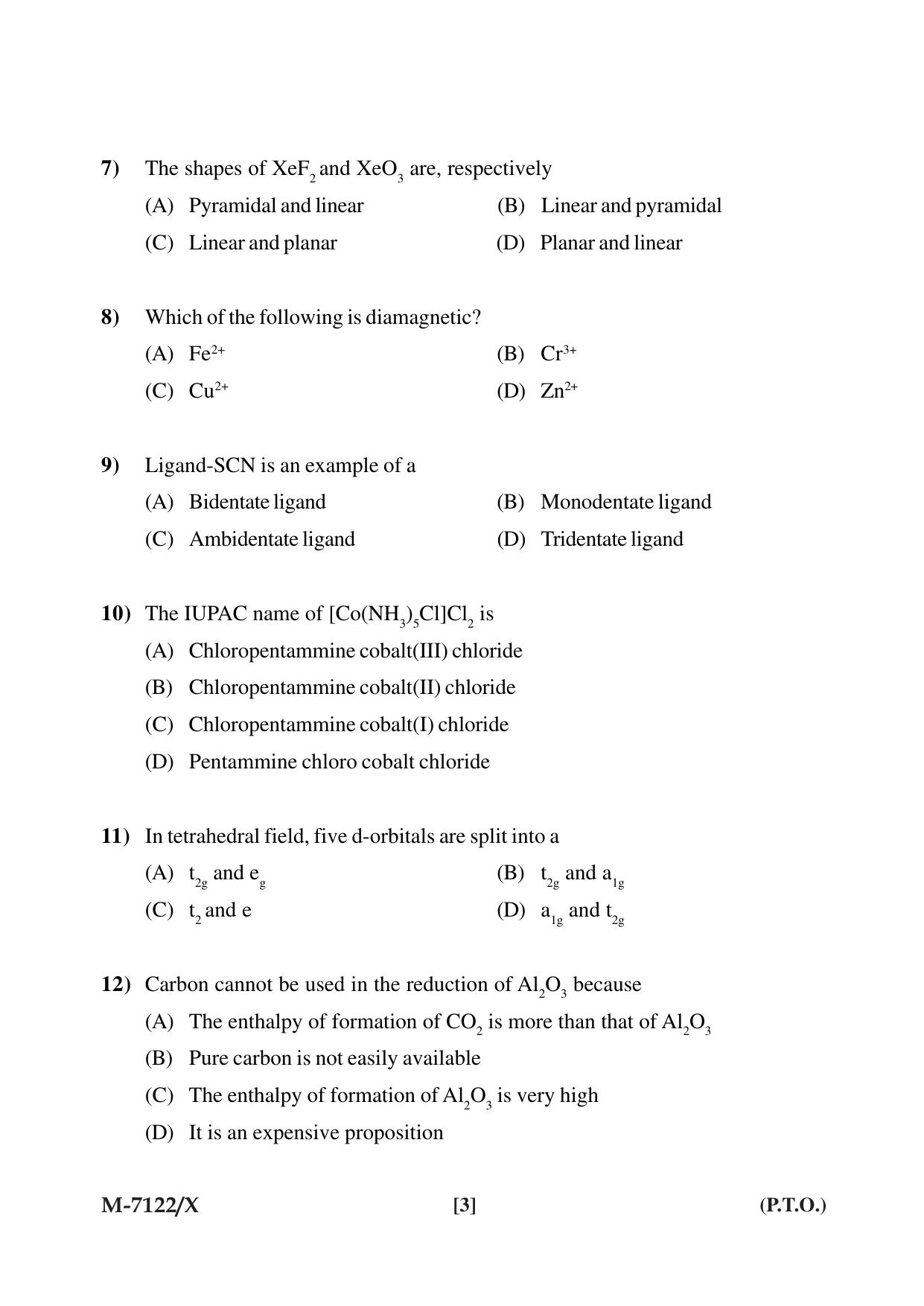 Mysore University PG Entrance Exam 2019: Chemisty Question Paper - Page 3
