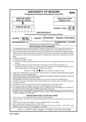 Mysore University PG Entrance Exam 2019: Chemisty Question Paper