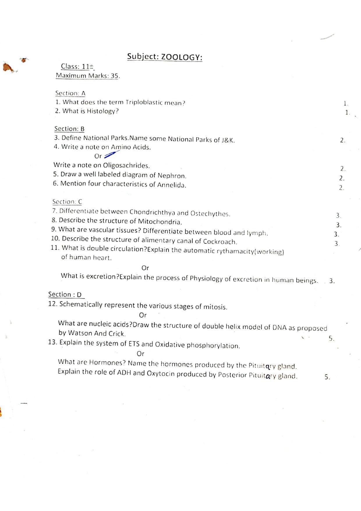 JKBOSE Class 11 Zoology Model Question Paper 2023 - Page 1