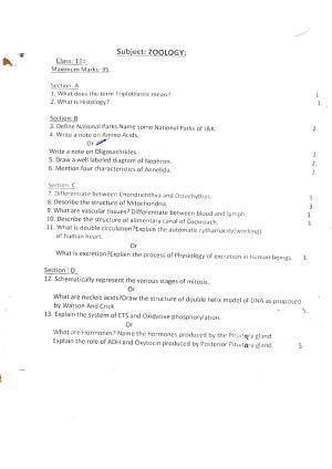 JKBOSE Class 11 Zoology Model Question Paper 2023