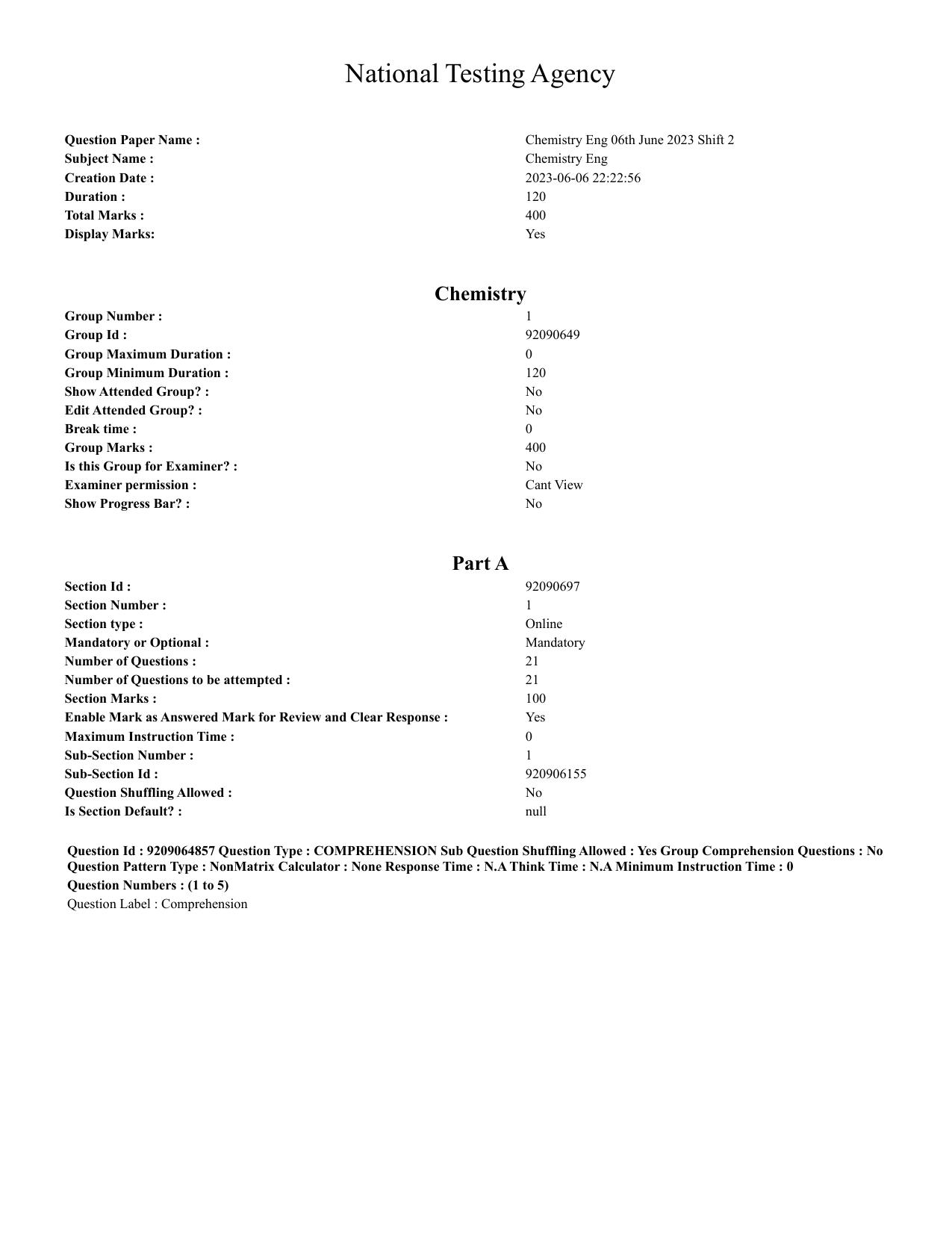 CUET PG 2023: SCQP08 – Chemistry (Eng.)-Shift-2 (06-06-2023) Question Paper - Page 1