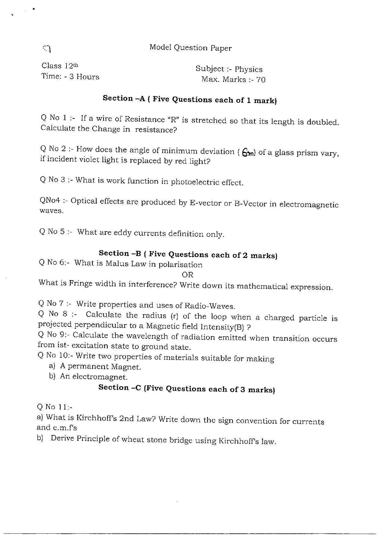 JKBOSE Class 12 Physics Model Question Paper 2023 - Page 1