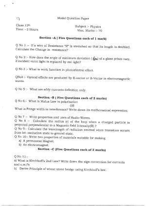 JKBOSE Class 12 Physics Model Question Paper 2023