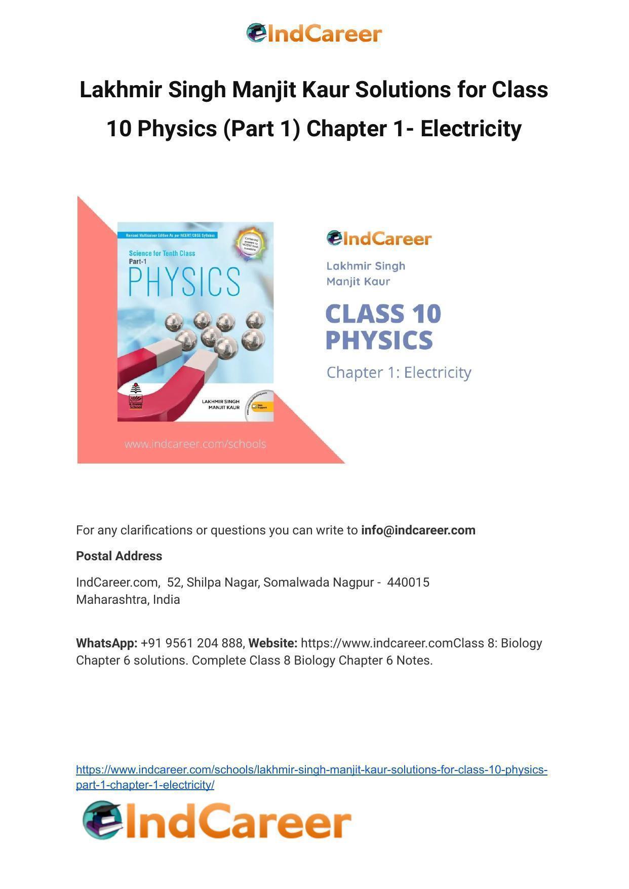 Lakhmir Singh Manjit Kaur  Solutions for Class 10 Physics (Part 1) Chapter 1- Electricity - Page 1