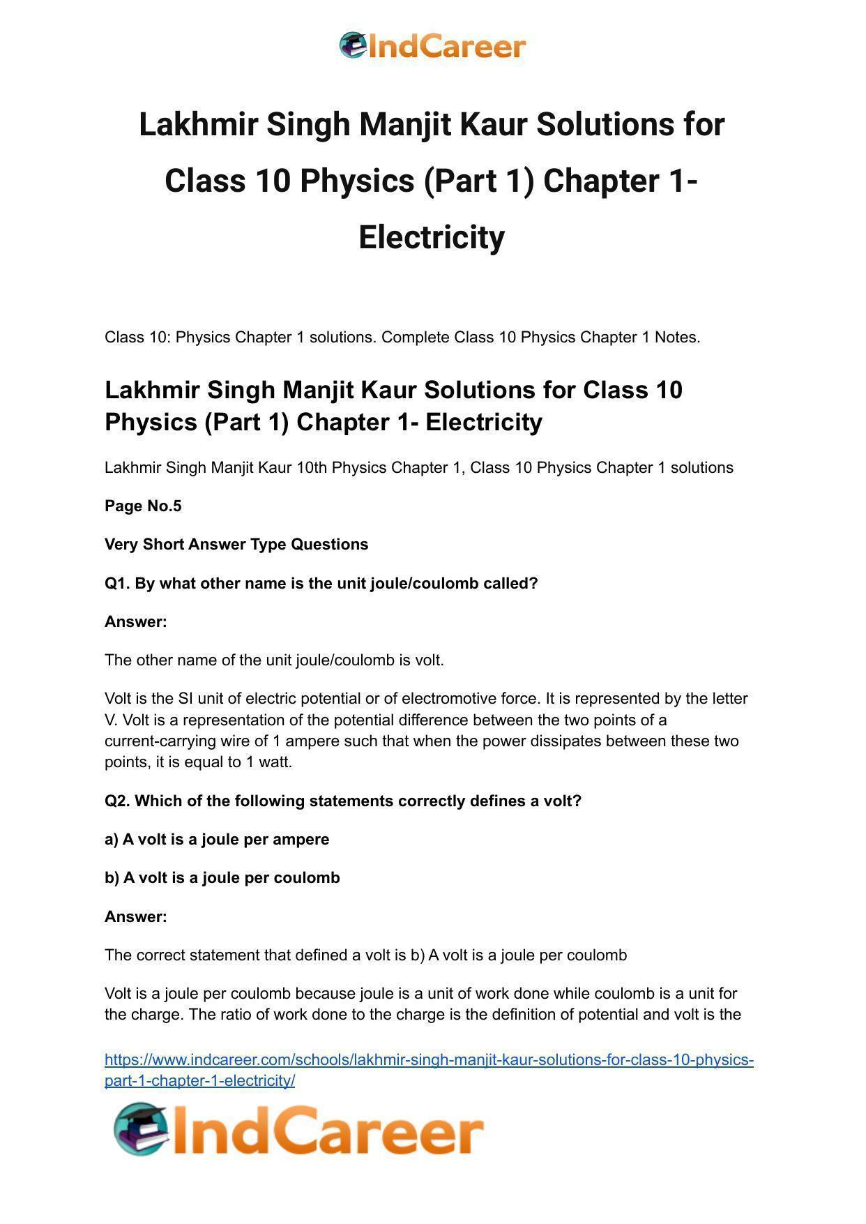 Lakhmir Singh Manjit Kaur  Solutions for Class 10 Physics (Part 1) Chapter 1- Electricity - Page 2