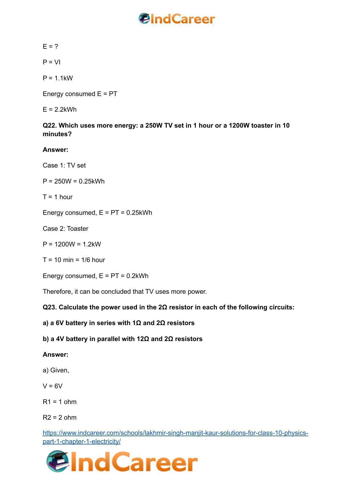 Lakhmir Singh Manjit Kaur  Solutions for Class 10 Physics (Part 1) Chapter 1- Electricity - Page 108