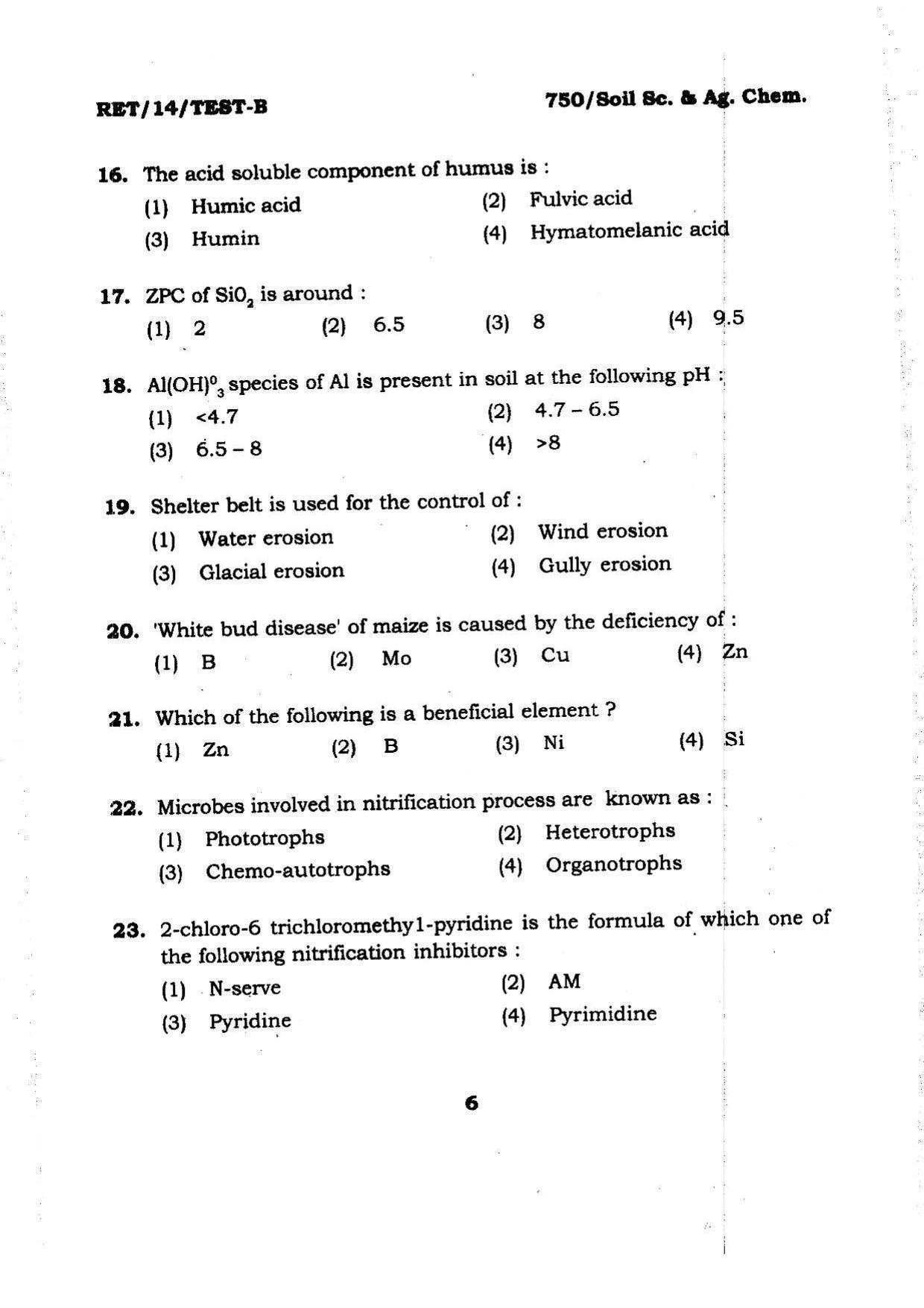 BHU RET Soil Sc. & Ag. Chem. 2014 Question Paper - Page 6