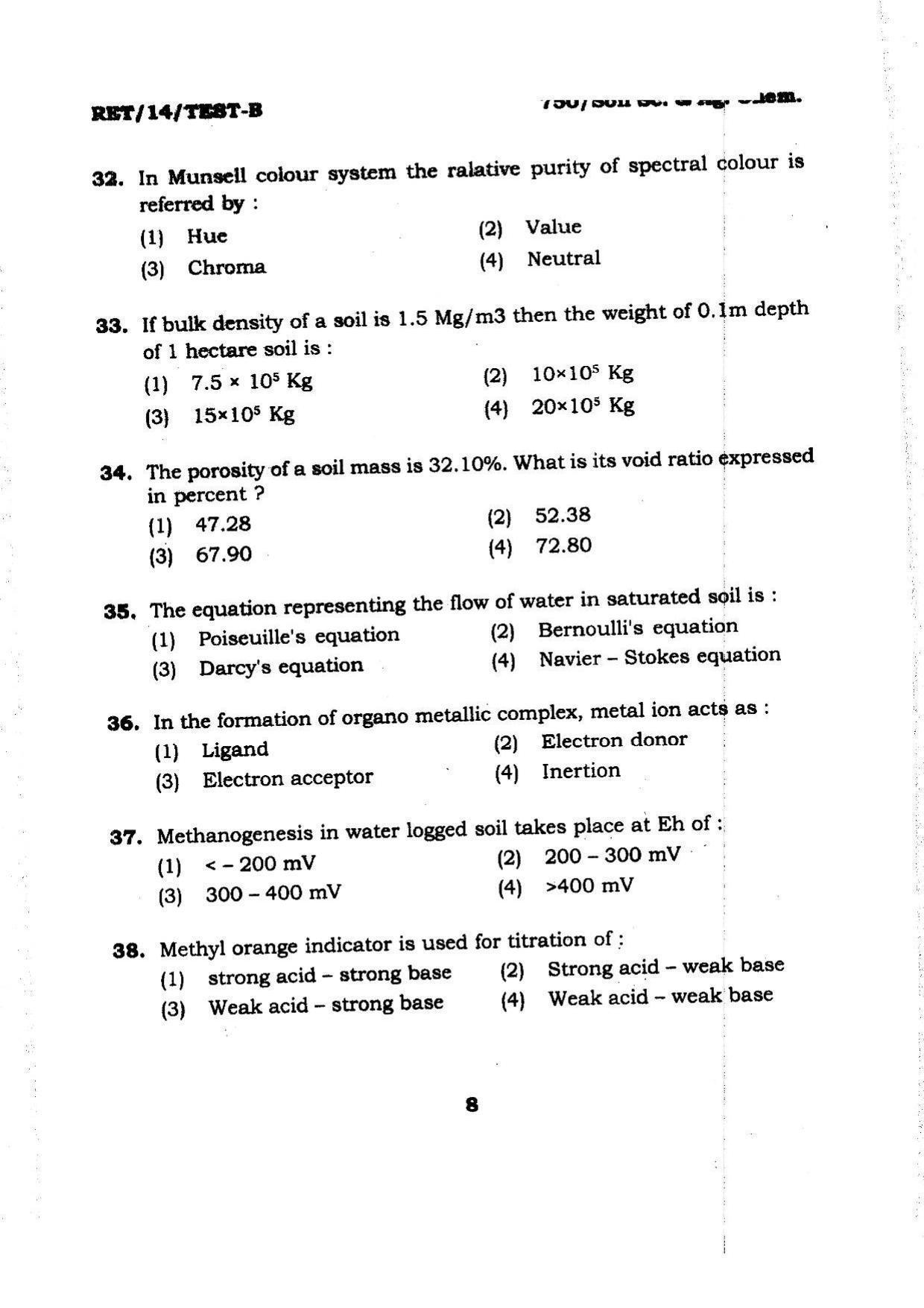 BHU RET Soil Sc. & Ag. Chem. 2014 Question Paper - Page 8