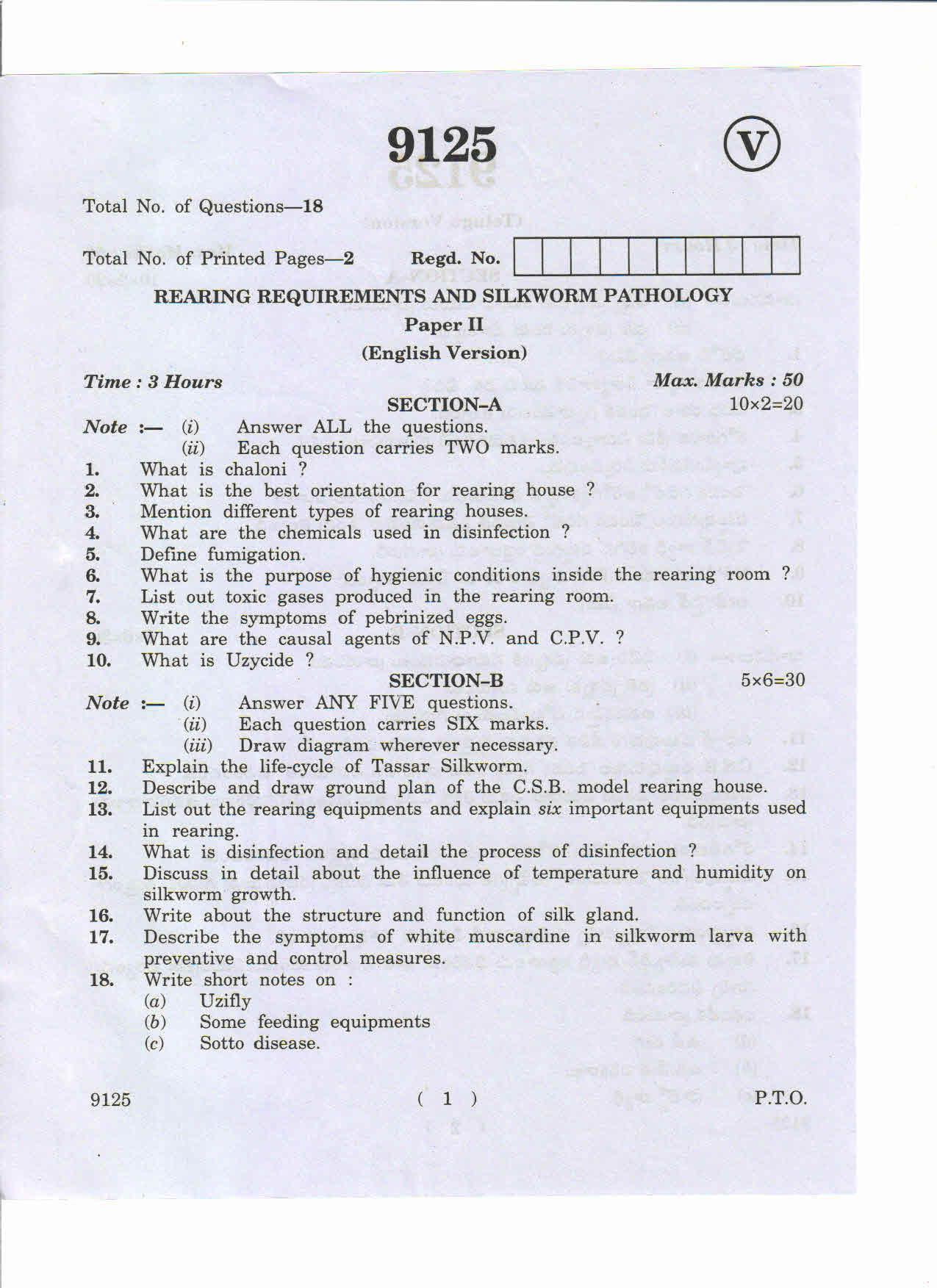 AP Inter 2nd Year Rearing Requirements and Silkworm Pathology-II May-2019-Vocational Question Paper - Page 1