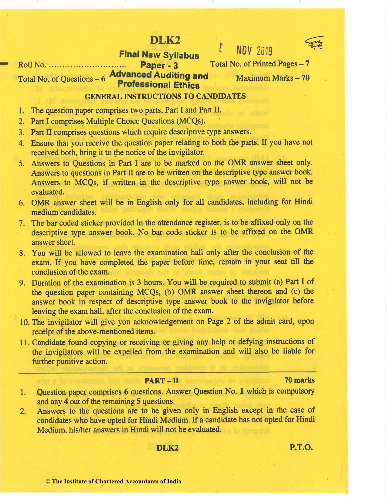 CA Final Nov 2019 Question Paper - Paper 3 – Advanced Auditing and Professional Ethics - Page 1