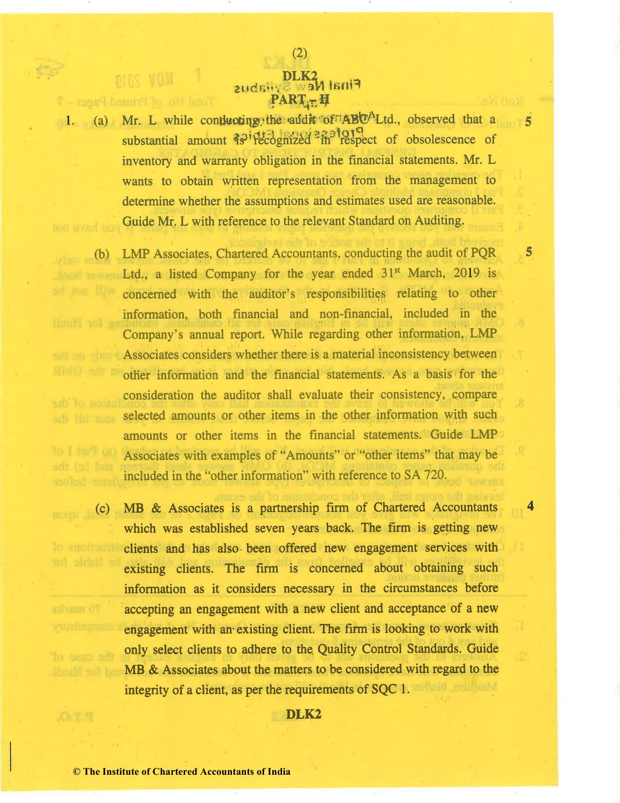 CA Final Nov 2019 Question Paper - Paper 3 – Advanced Auditing and Professional Ethics - Page 2