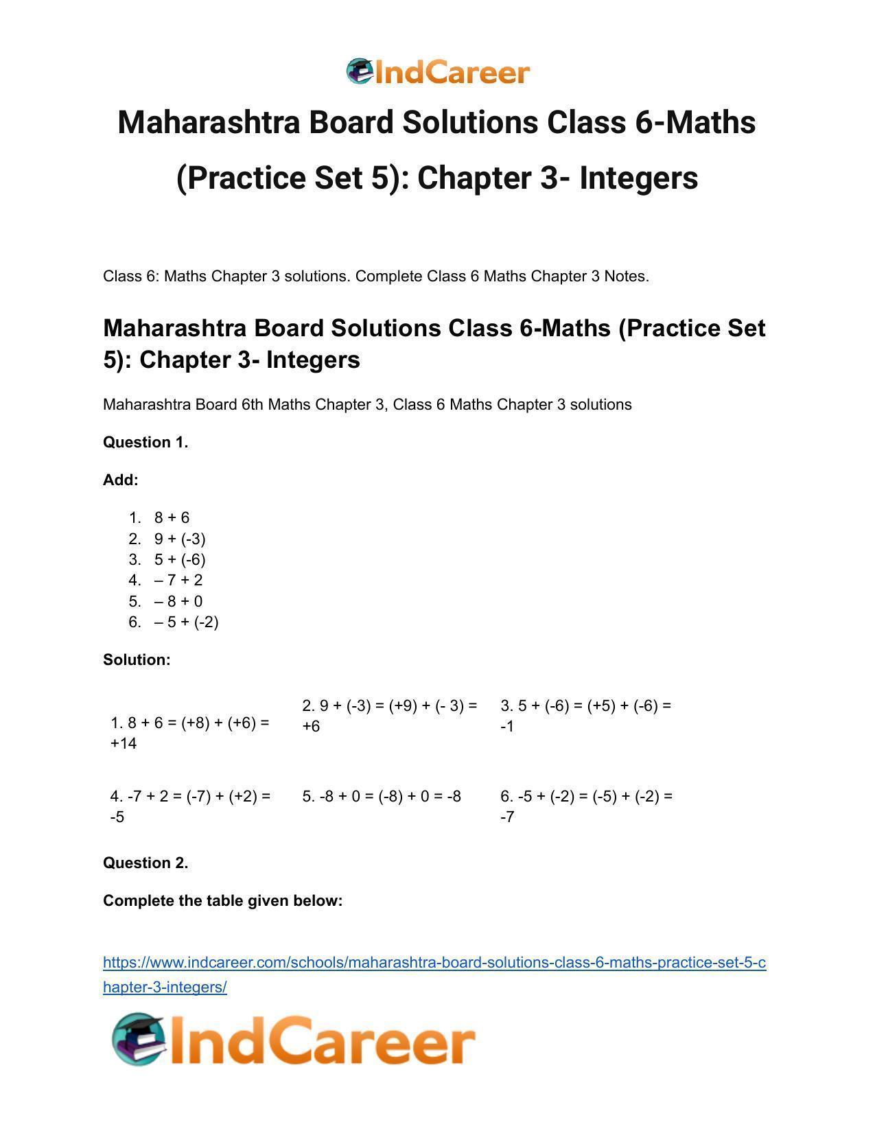 Maharashtra Board Solutions Class 6-Maths (Practice Set 5): Chapter 3- Integers - Page 2