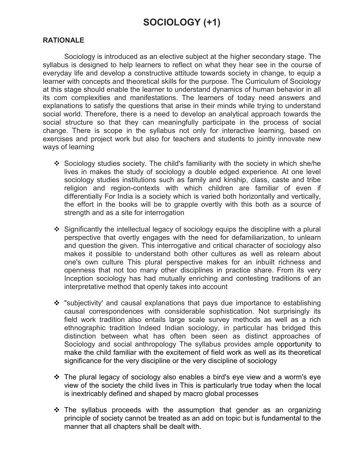 HP Board Class 11th Syllabus for Sociology - Page 1