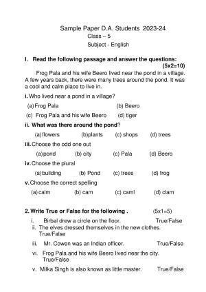 PSEB Class 5 English (DA Students) Model Paper 2024