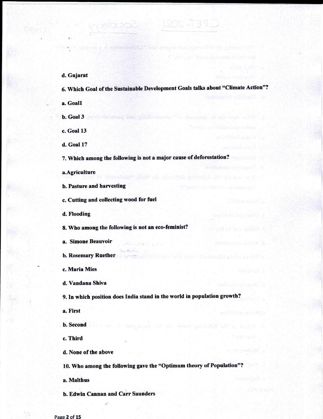 Odisha CPET 2021 SOCIOLOGY Question Paper - Page 2