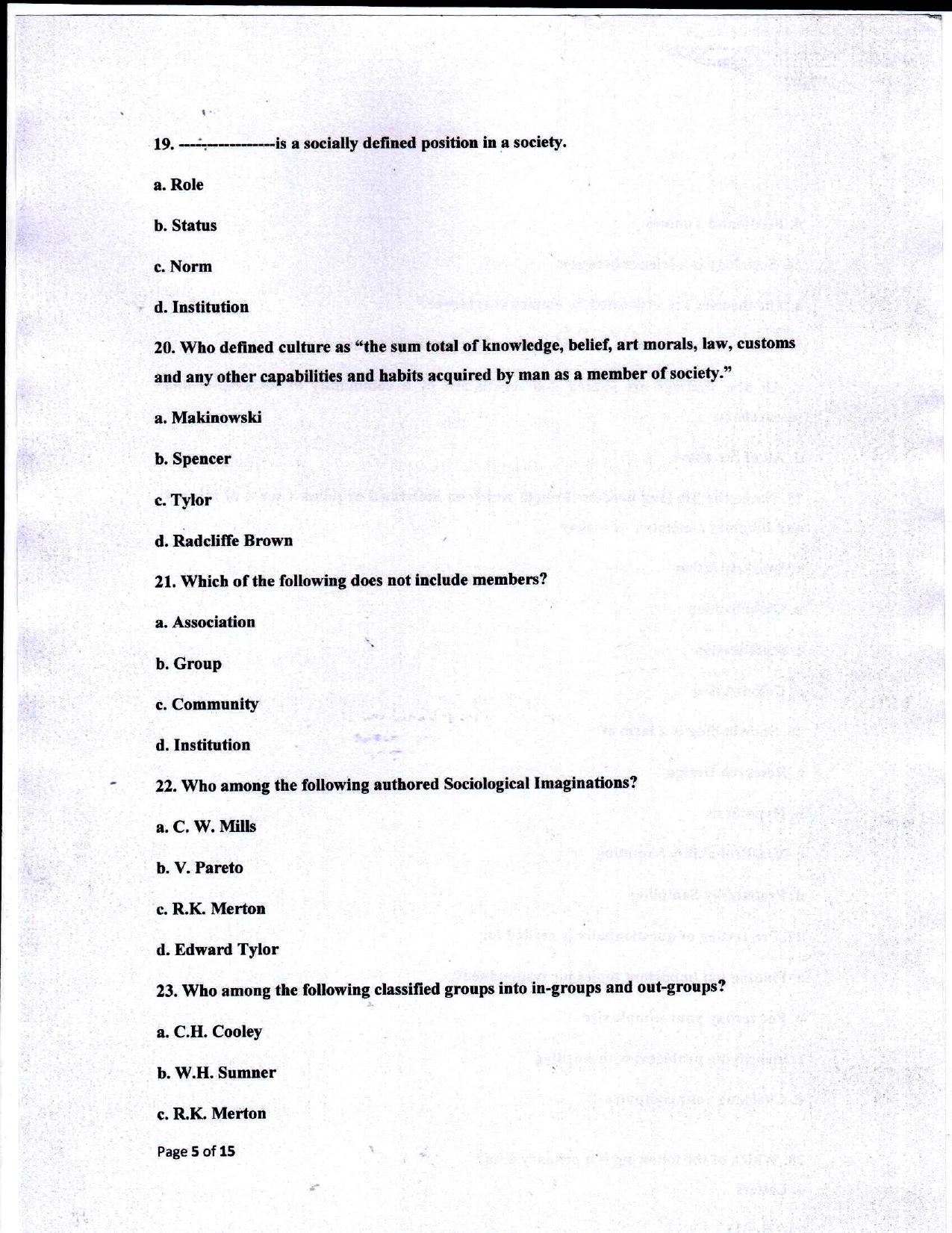Odisha CPET 2021 SOCIOLOGY Question Paper - Page 5
