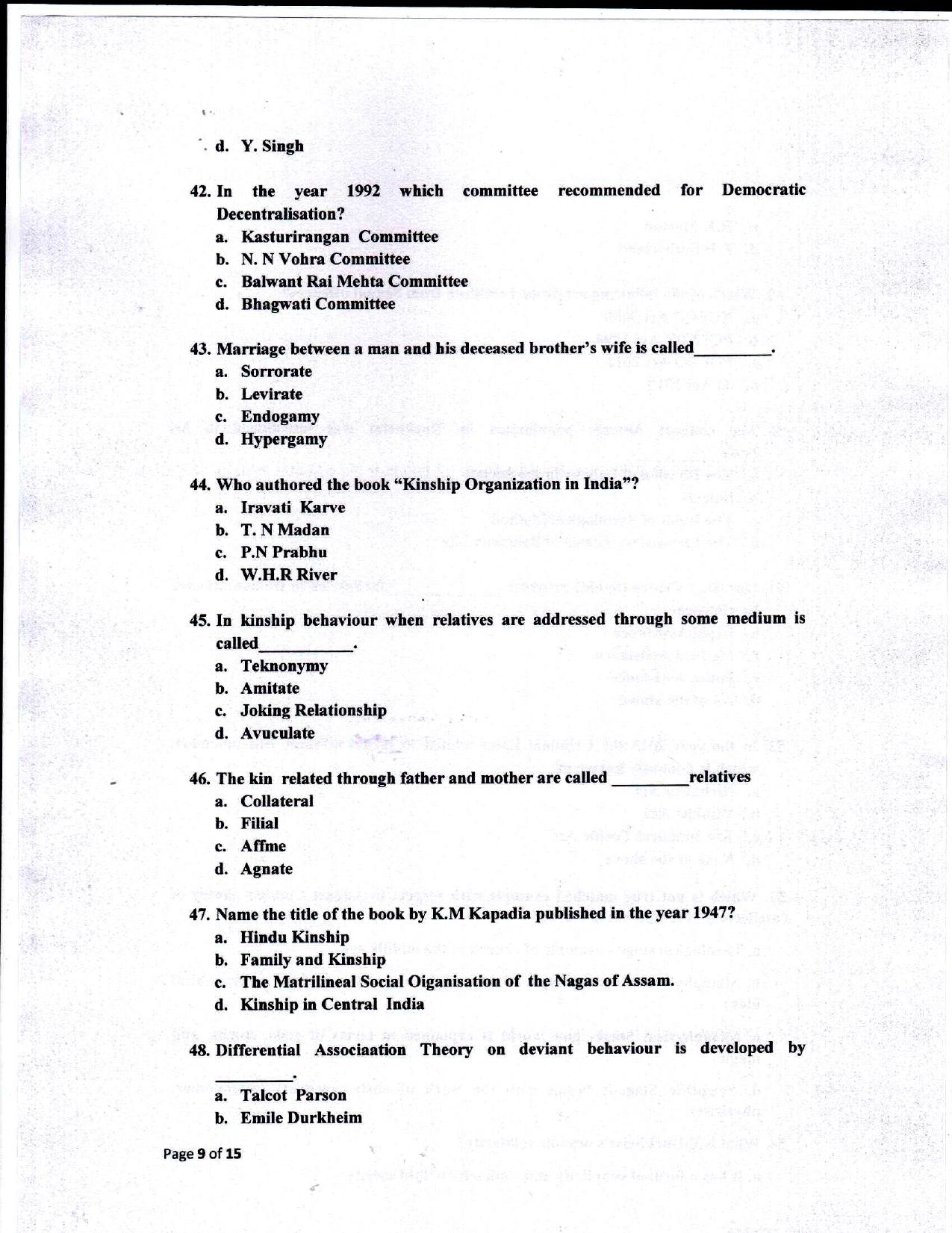 Odisha CPET 2021 SOCIOLOGY Question Paper - Page 9