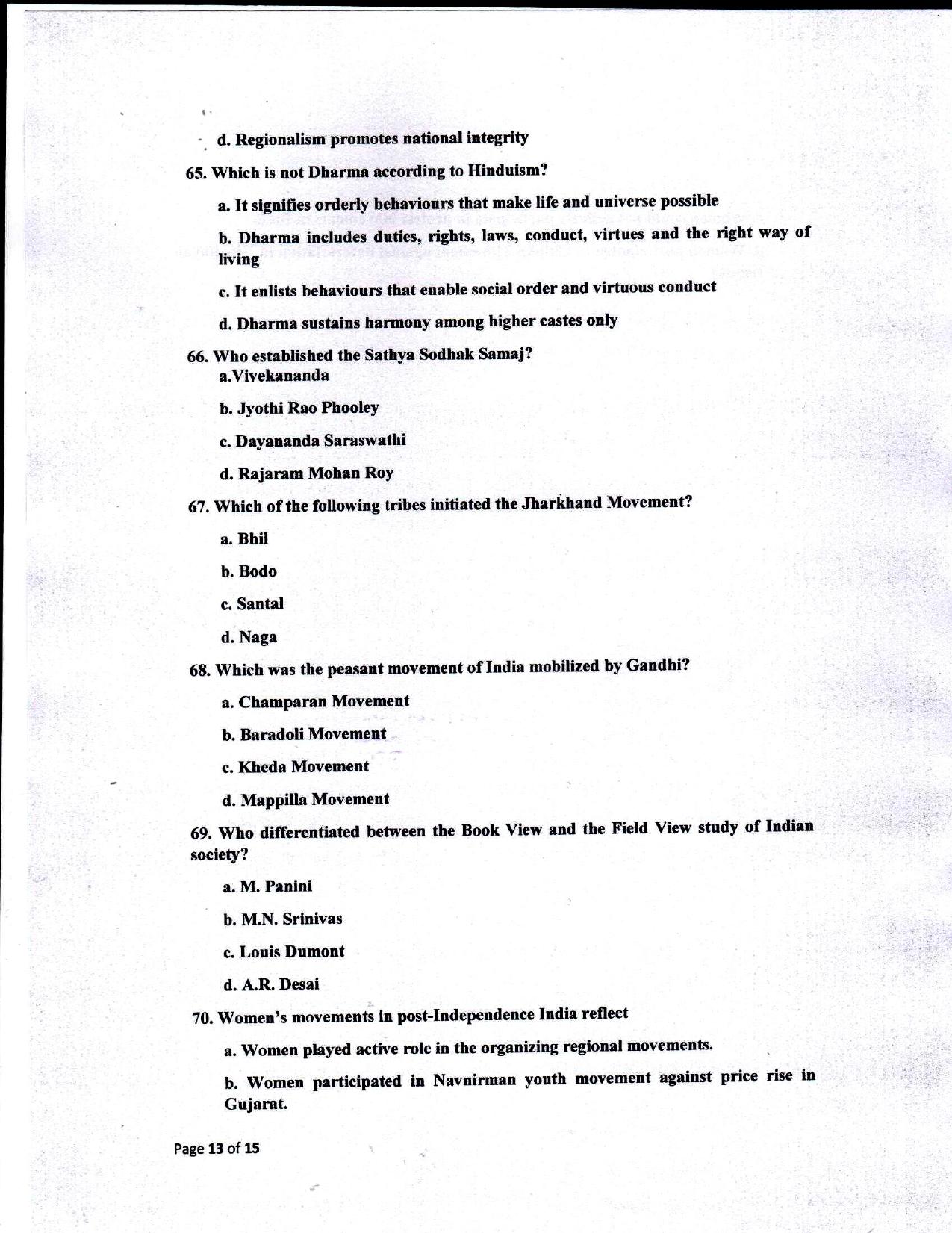 Odisha CPET 2021 SOCIOLOGY Question Paper - Page 13
