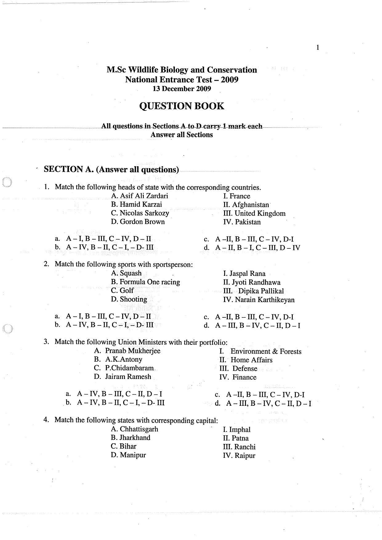 JGEEBILS Wildlife Biology & Conservation Question Paper 2010 - Page 1