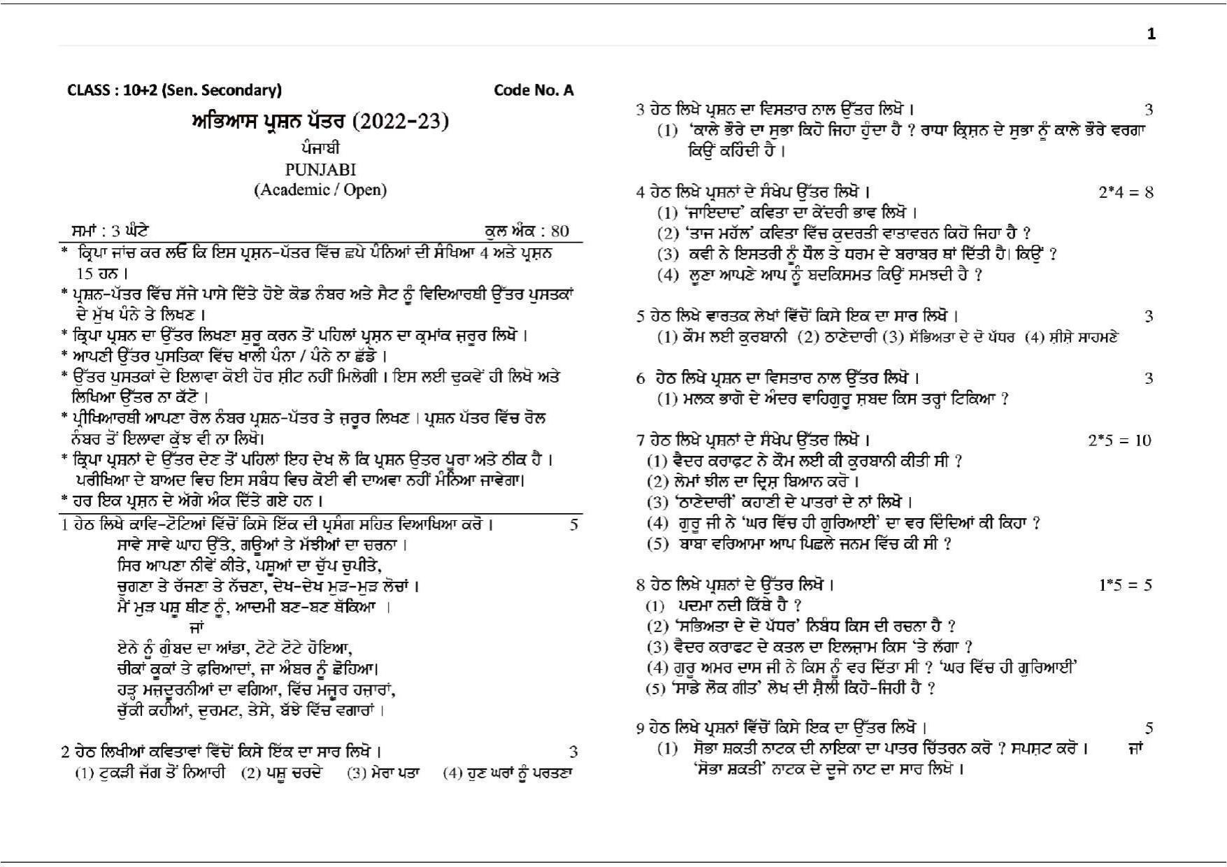 Haryana Board Class 12 Punjabi Code A Sample Papers - Page 1