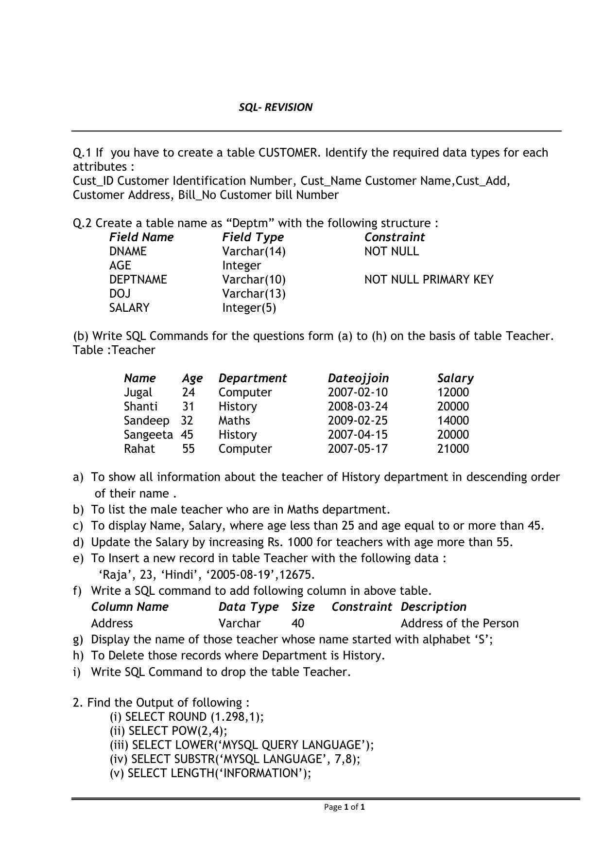 CBSE Worksheets for Class 11 Information Practices Data Manipulation Commands Assignment 3 - Page 1