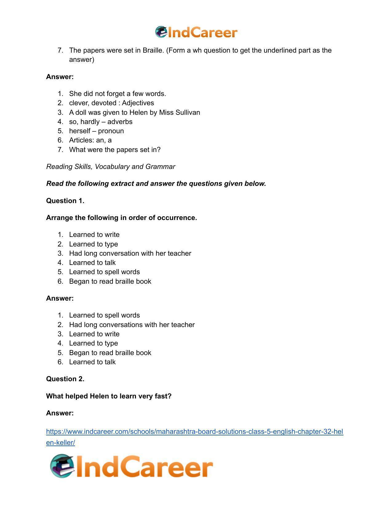 Maharashtra Board Solutions Class 5-English: Chapter 32- Helen Keller - Page 9