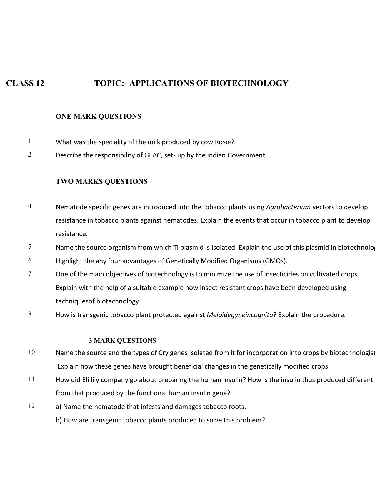 CBSE Class 12 Biology Applications of Bio Technology Worksheet - Page 1